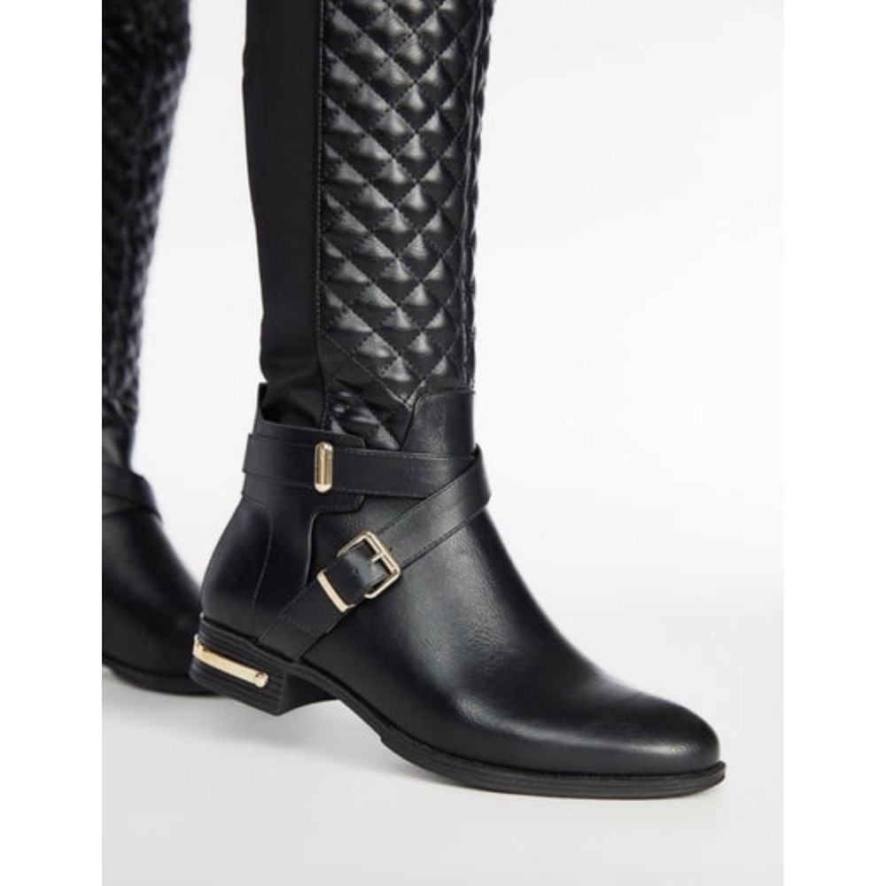 Annabeth by JUSTFAB (SHOEDAZZLE) Black quilted faux leather riding boots, SZ 7 - Picture 4 of 16